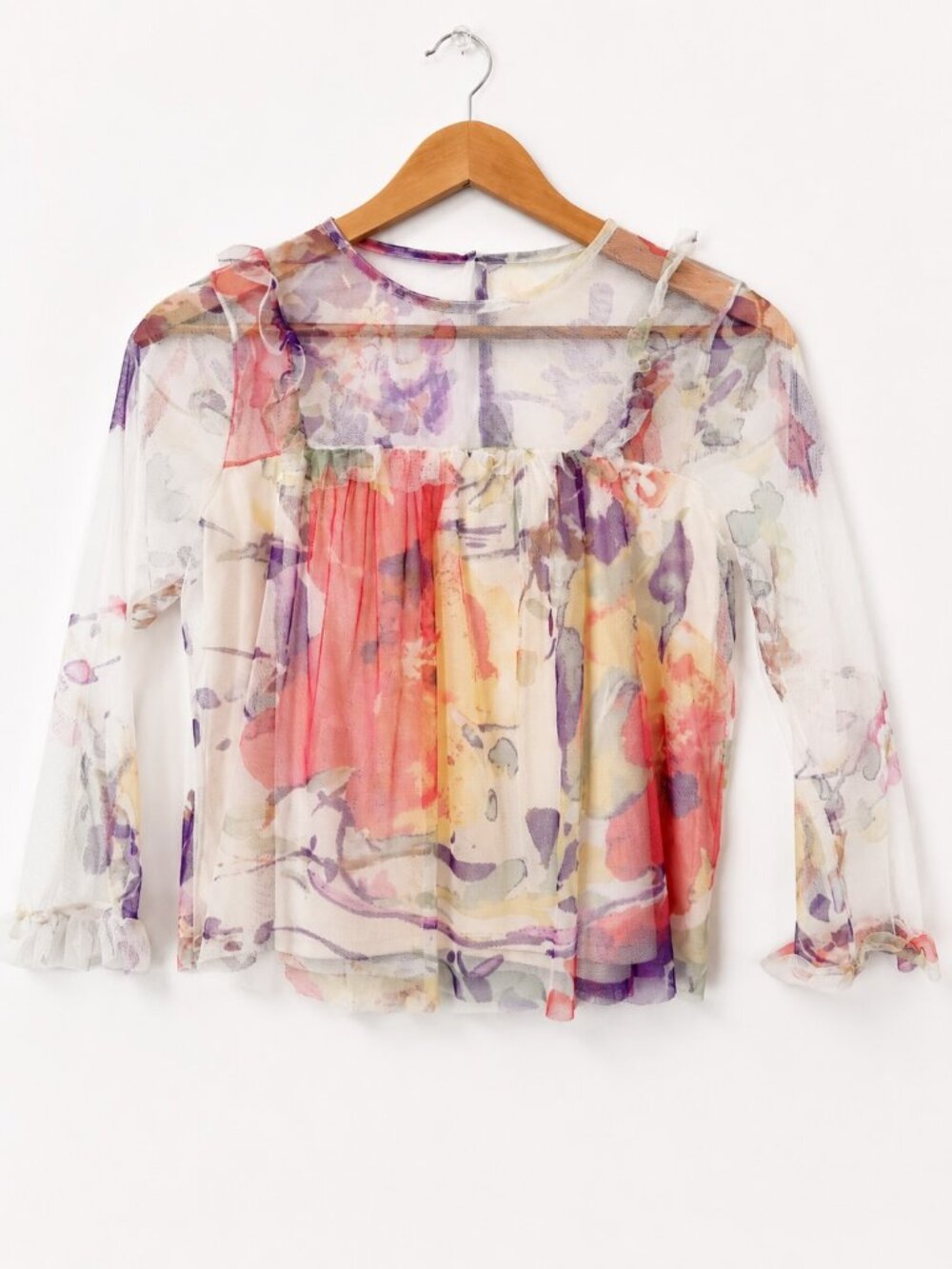 Mimi Chica Size S Watercolor Floral Mesh Top Cropped Sheer Ruffle Boho Romantic